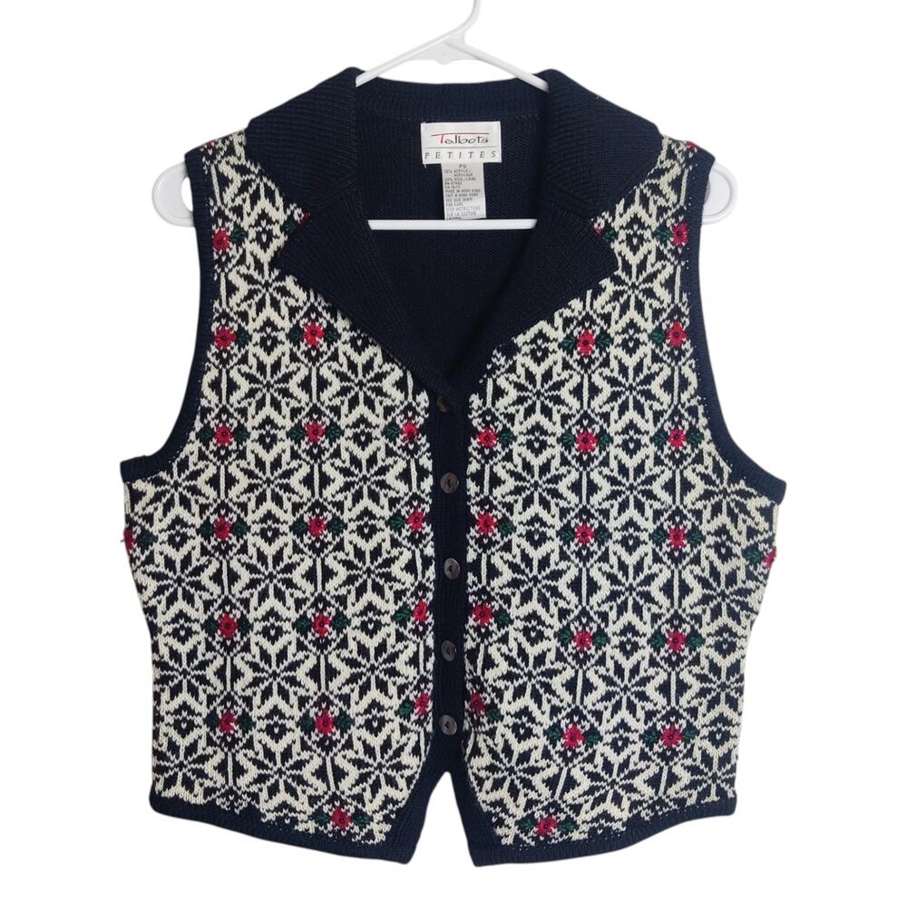 Vtg Talbots Wool Beaded Floral Nordic Knit Apres Ski Sweater Vest Petite Small